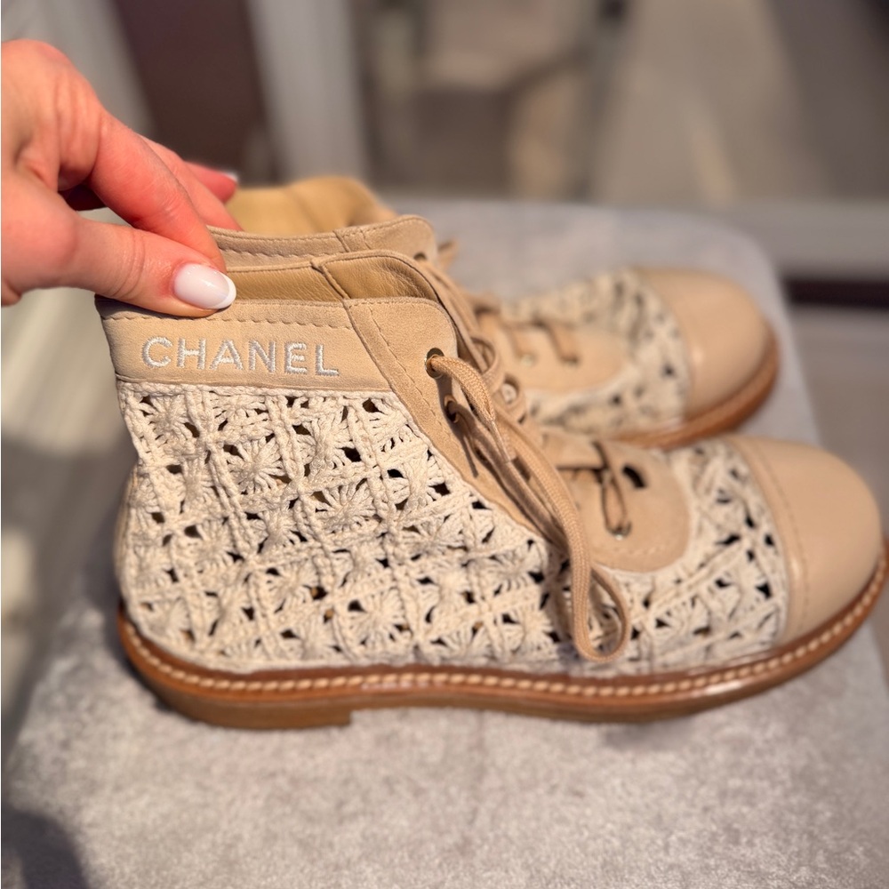 CHANEL Cream Lace-Up Boots